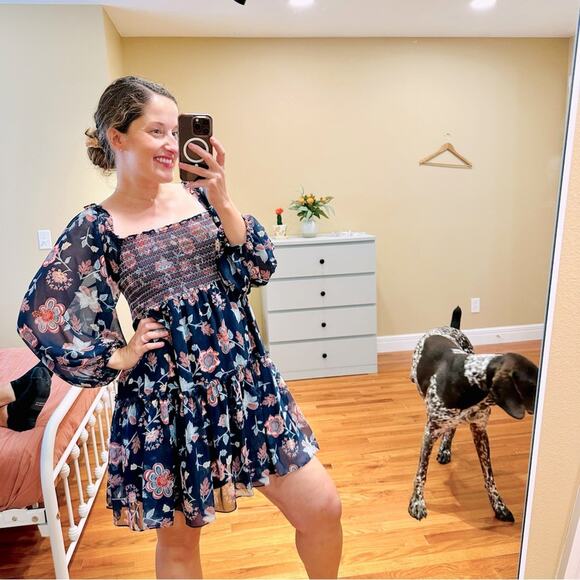 NWT Sachin & Babi Blue Floral Square Neck Smocked Long Sleeve Mini Dress Small - Picture 1 of 11